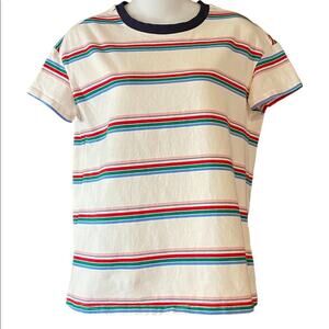 Listicle Women's Size Small Short Sleeve Top White with colorful stripes.
